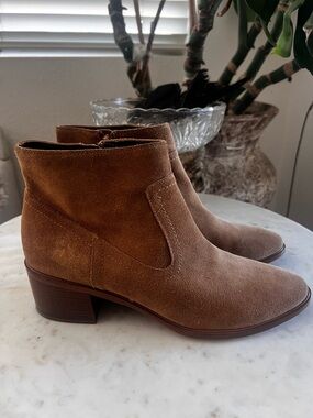 BCBGeneration Allegro Tan Suede Ankle Booties - Low Block Heel Great Condition